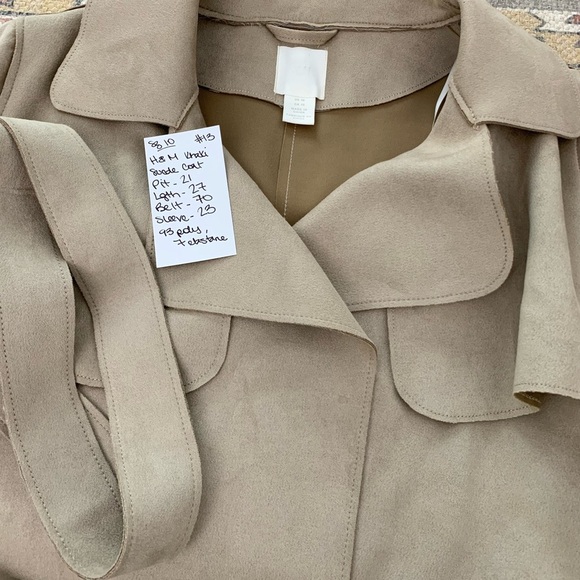 #13 Vintage H&M Tan Faux Suede Khaki Belted Short Open Trench Coat Jacket 10 - Picture 4 of 5